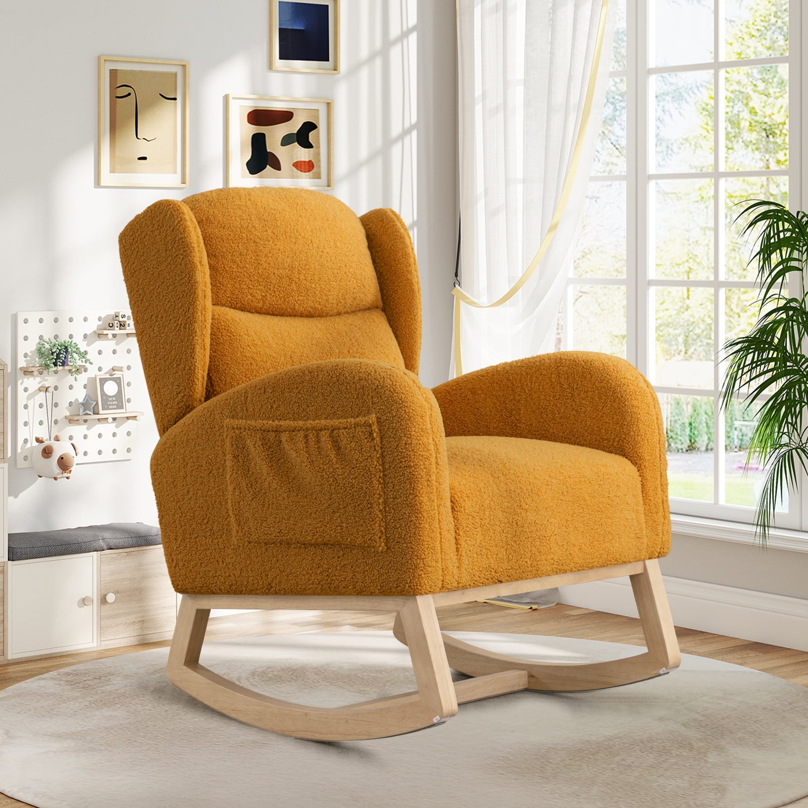 Lunale Indoor Rocking Chair, Upholstered Accent Rocker Chair with Wood Legs, Yellow Teddy