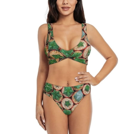 Zeuib Cactus 4 High Waisted Tummy Control Bikini Set - Knot Front Push Up Top & Cheeky Thong Bottom  Two-Piece Swimsuit for Women-Small