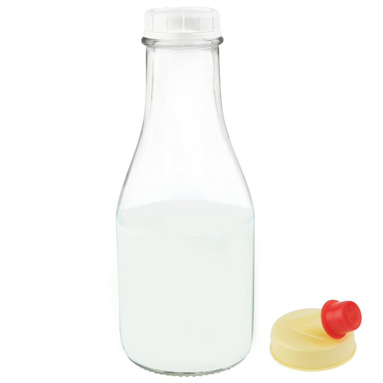 Kitchentoolz 32 Oz Round Glass Milk Bottle with Lids, Perfect Milk Container  for Refrigerator 32 Ounce Round Glass Milk Carafe with Lid and Pour Spout  -Made in USA Pack of 1 