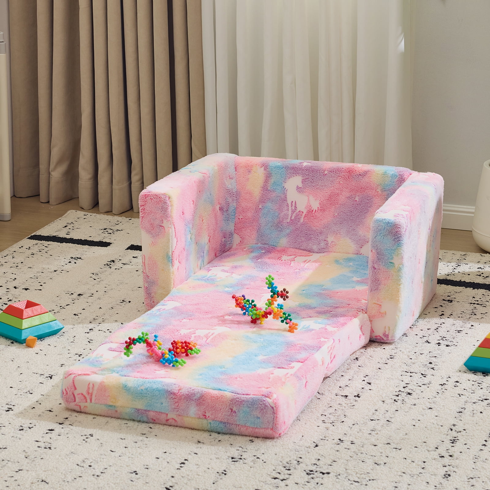 Glow-in-the-Dark Kids Foldable Sofa Bed All-Sponge Single Chaise Lounge Pink Unicorn Flannel