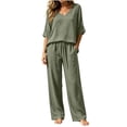 thumbnail image 4 of 2 Piece Outfits For Women, V Neck Pullover Blouse & Drawstring Pants Set, Solid Color Casual Summer Travel Clothes, Comfy Lounge Set With Pockets Army Green XL, 4 of 6