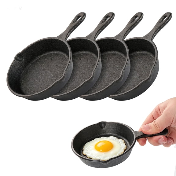 CEYAZYE 4 Pack Mini Cast Iron Skillet, 4" Small Frying Pans with Double Drip-Spouts for Stove, Oven, Grill Safe, Indoor and Outdoor Use, Non-Stick