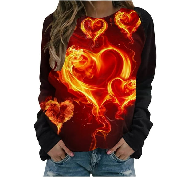 Penkiiy 3D Flame Printing Pullover for Women Women's Round Neck Flame Printed Loose Sweatshirt Long Sleeve Plunge Sleeve Top Sweatshirt