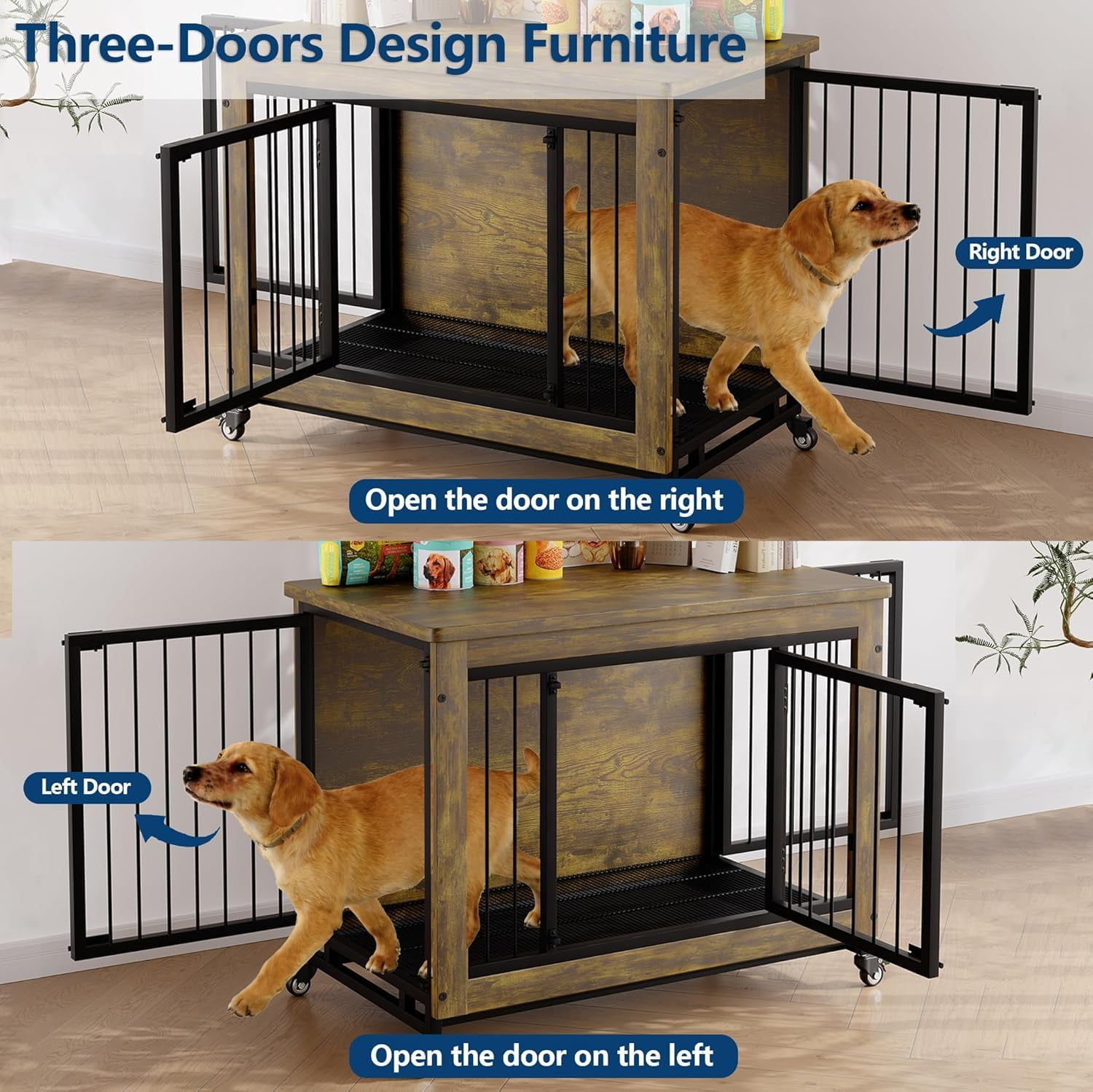 Home Indoor 38.6 Inch Wooden Pet Dog Crate Furniture, Three-Door Design with Wheels, Kennel and Side Table, Includes Removable Tray, Suitable for Small to Medium Dogs, Easy to Clean