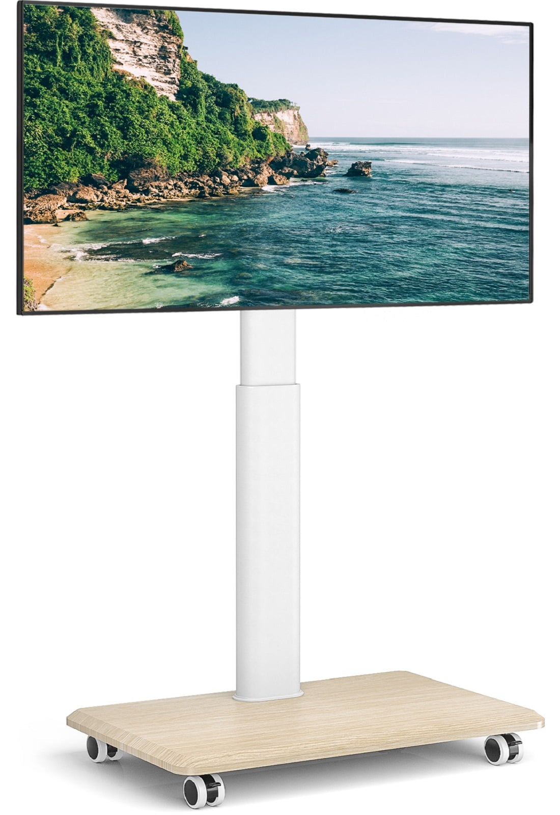 RTVR Modern Rolling TV Stand for 32 to 70 inch Screens, White Floor Portable TV Stand with Wooden Base
