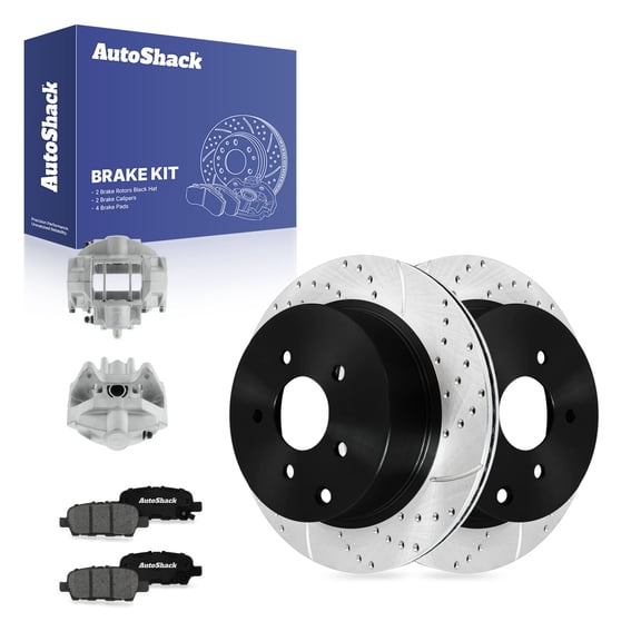 AutoShack Rear Vented Drilled & Slotted E-Coated Brake Rotors   Premium Ceramic Pads   Calipers 8-PC Brake Kit Replacement for 2015-2016 INFINITI Q70 ShadowGuard 12.12" (307.8 mm)