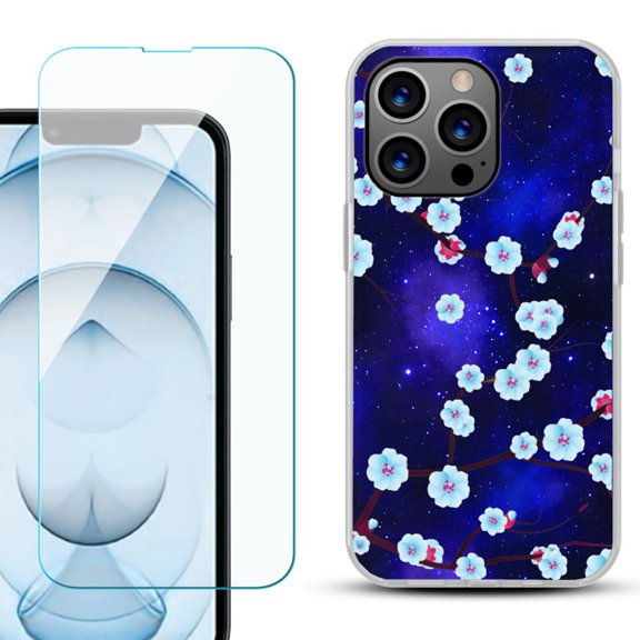 Slim-Fit Gel TPU Phone Case for iPhone 13 Pro Max, with Tempered Glass Screen Protector, by OneToughShield ® - Blossom Stars