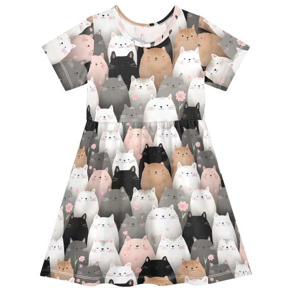 joogoo Doodle Cat with Flower Girls' Short Sleeve Dress Kids Dresses 5-6T