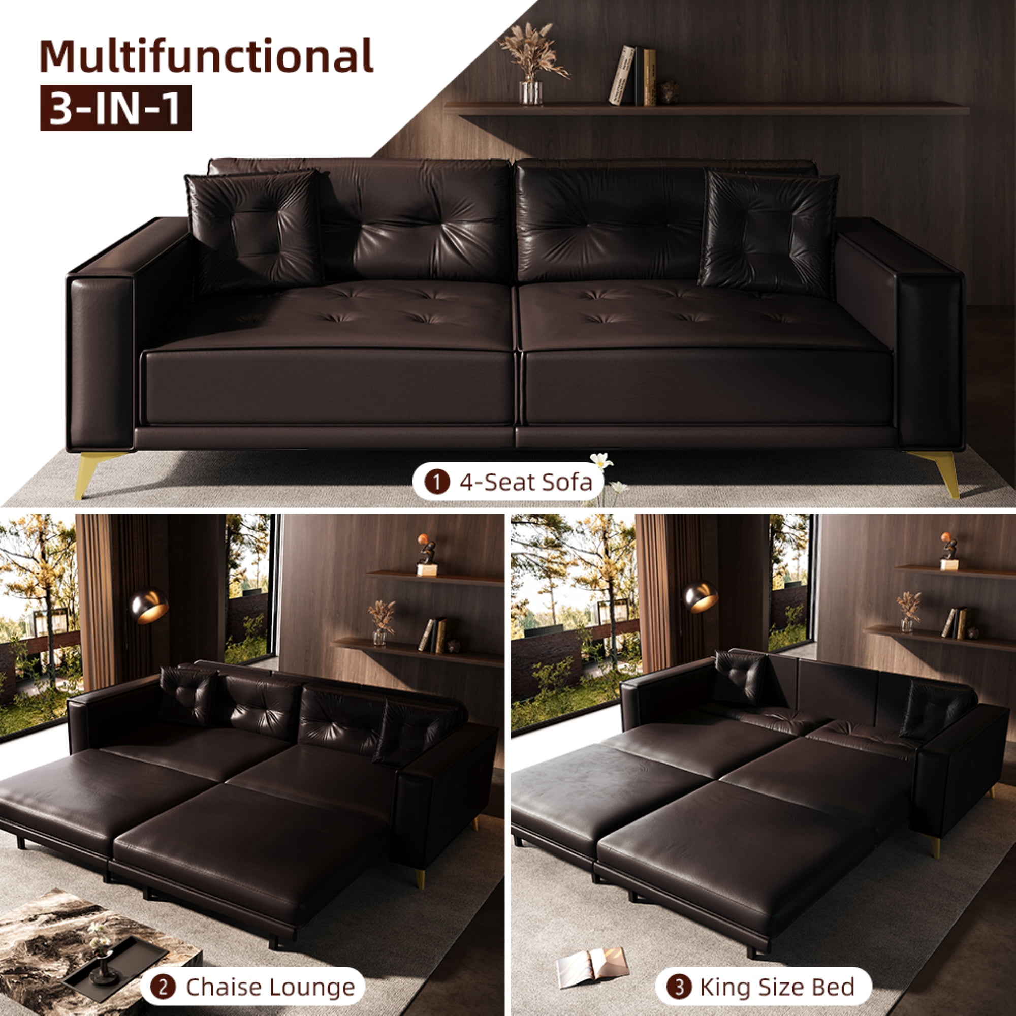 LLappuil King Size Pull Out Sofa Bed, Oversized Faux Leather 4 Seat Sofa Convertible Sleeper Sofa Bed Dark Brown