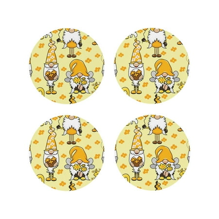 

Junzan Garden Honeybee Gnomes Print Coasters for Drinks - Leather Coasters Set of 4 for Coffee Table for Housewarming/Kitchen/Bar/Decor-Round Shape
