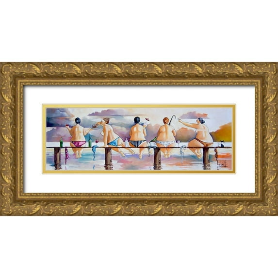 West, Ronald 24x11 Gold Ornate Wood Framed with Double Matting Museum Art Print Titled - Fishing on the Jetty