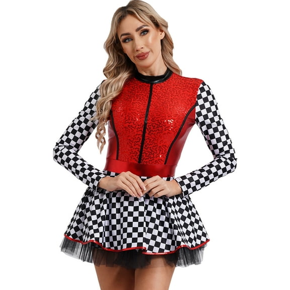 Aislor Womens Race Car Driver Costume Checkerboard Printed Dress Short Jumpsuit Cosplay Fancy Dress Red M