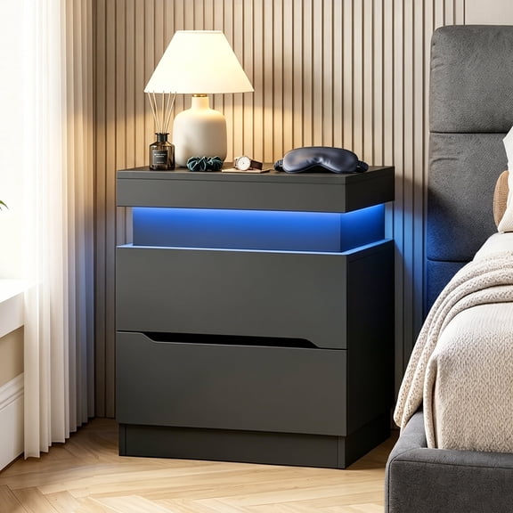 TEENFON Nightstands with RGB LED Lights, Storage End Table with 2 Drawers & 1 Open Shelf, Nightstands for Bedroom, Black