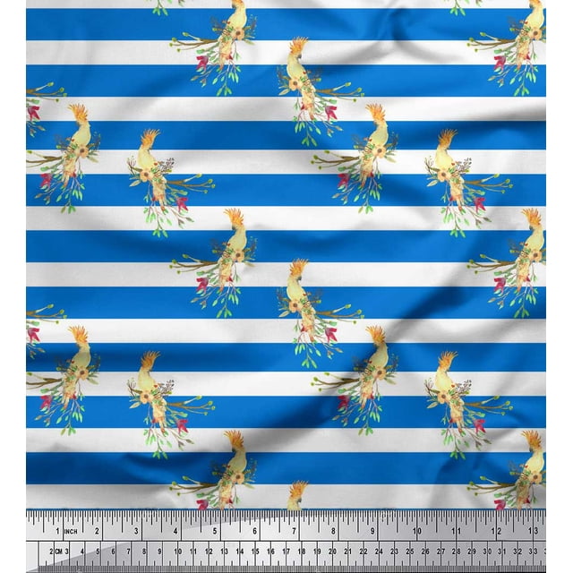 Soimoi Blue polyester Crepe Fabric Stripe & Victoria Pigeon Bird Printed Fabric 1 Yard 42 Inch Wide