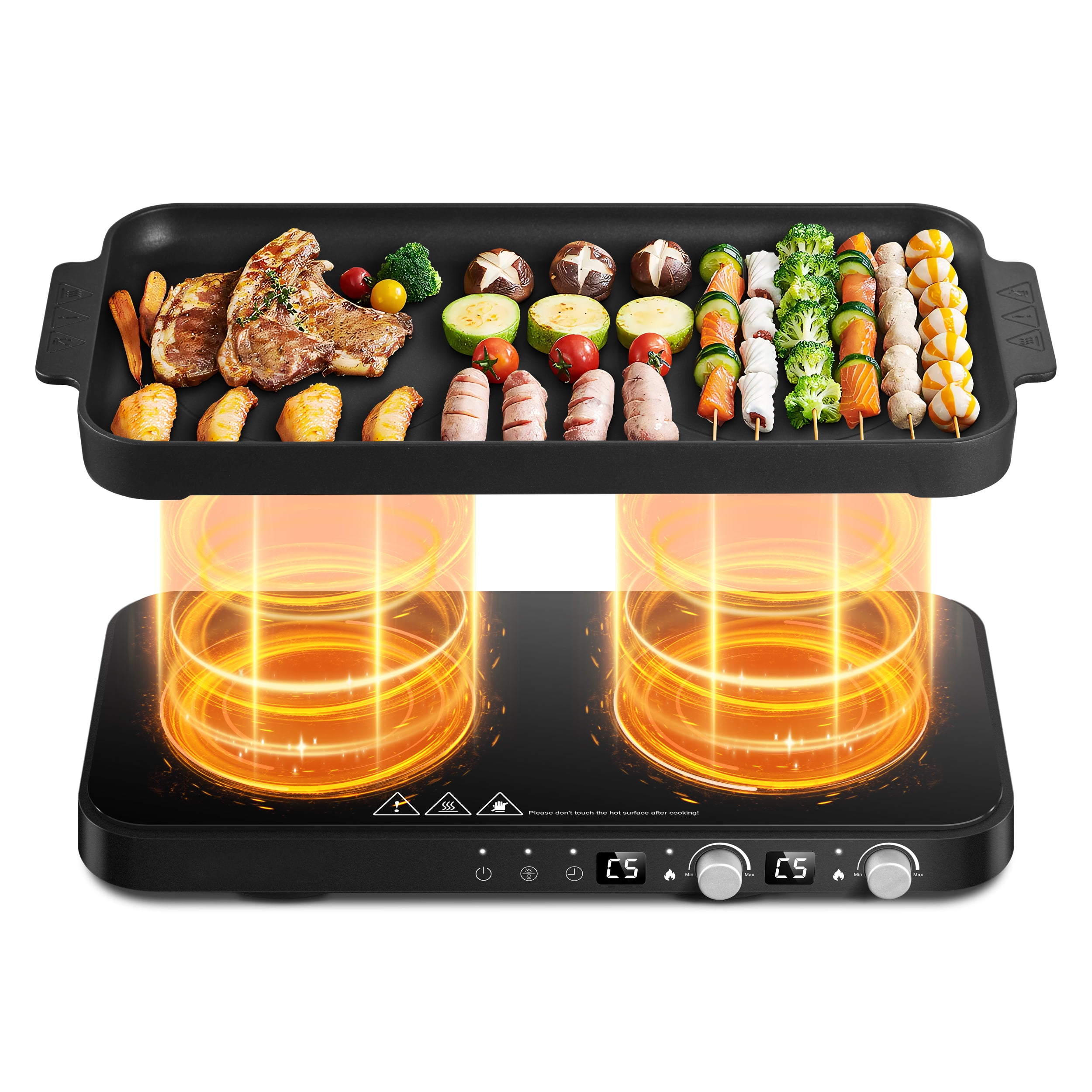 Sunmaki Portable Double Induction Cooktop with Removable Griddle Pan Non-stick, 1800W 2 burner Induction Hot Plate With Sensor Touch 9 Power Levels, 99 Min Timer,Great for Family Party