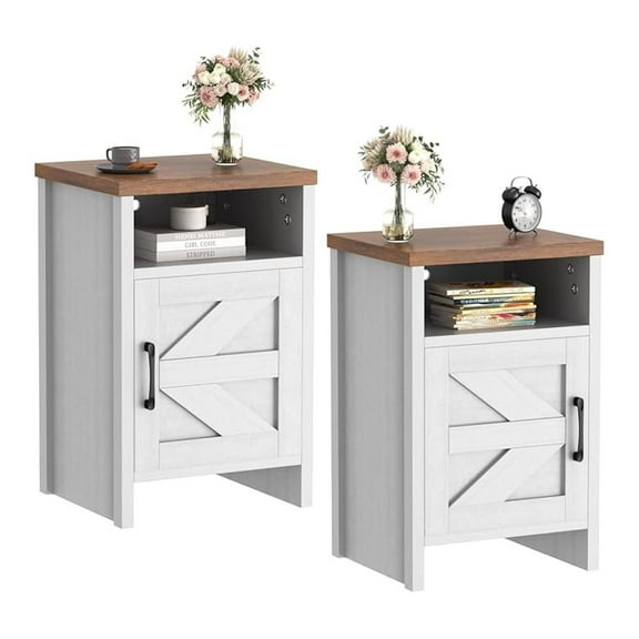 End Table, Nightstand Set of 2, Modern Bedside Table with Barn Door and Open Wood Shelf, Side Table for Small Spaces, Bedroom (White)