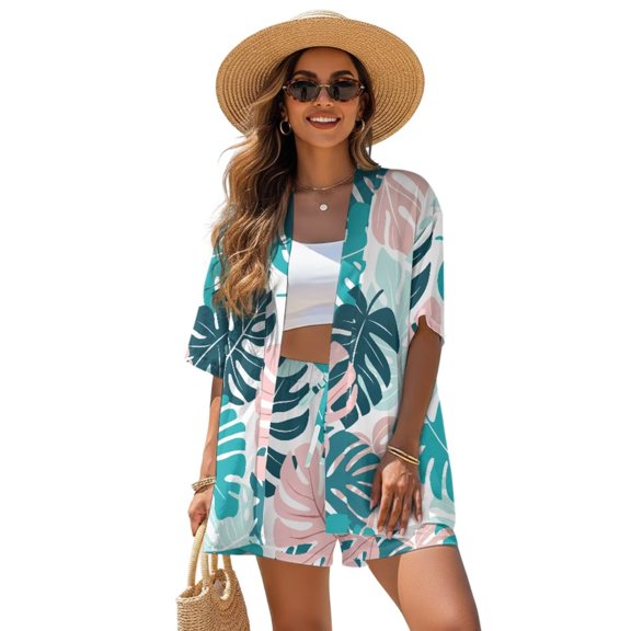 FKEKYI Green Pink Monstera Leaf Print Women's Short Set 2 Pcs for Summer Open Front Top & Shorts with Elastic Waist Lightweight Beach Set Resort Wear for Home Lounging, L