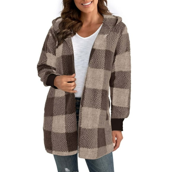 IDALL Womens Cardigan Jackets for Women Long Sleeve Tops Winter Coats Warm Plush Hooded Jackets Up Button Cardigan Trendy Plaid Fuzzy Outerwear Striped Shirt Fall Outfits Coffee L