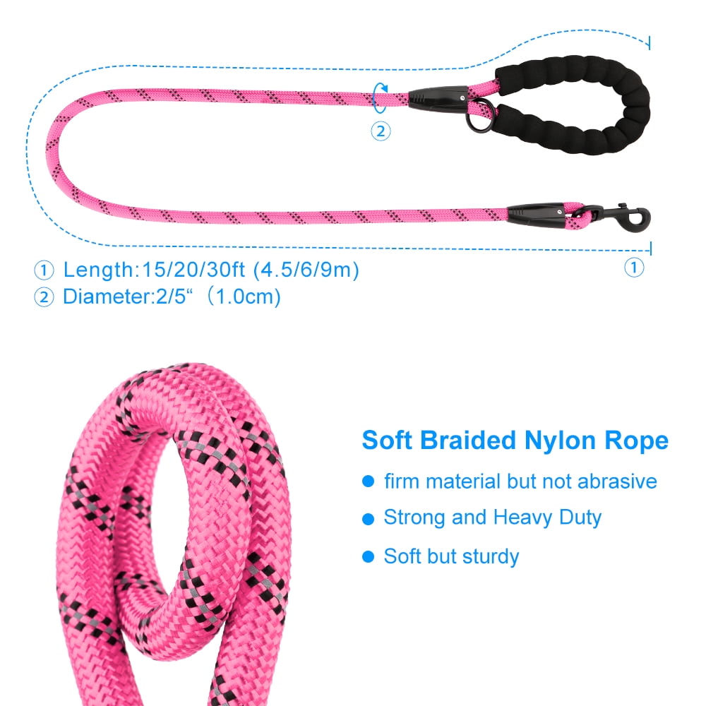 Plutus Pet Long Rope Dog Leash, Heavy Duty, Reflective, With Comfortable Padded Handle, 15FT 20FT 30FT Dog Training Leash for Small Medium Large Dogs (50FT, Pink)