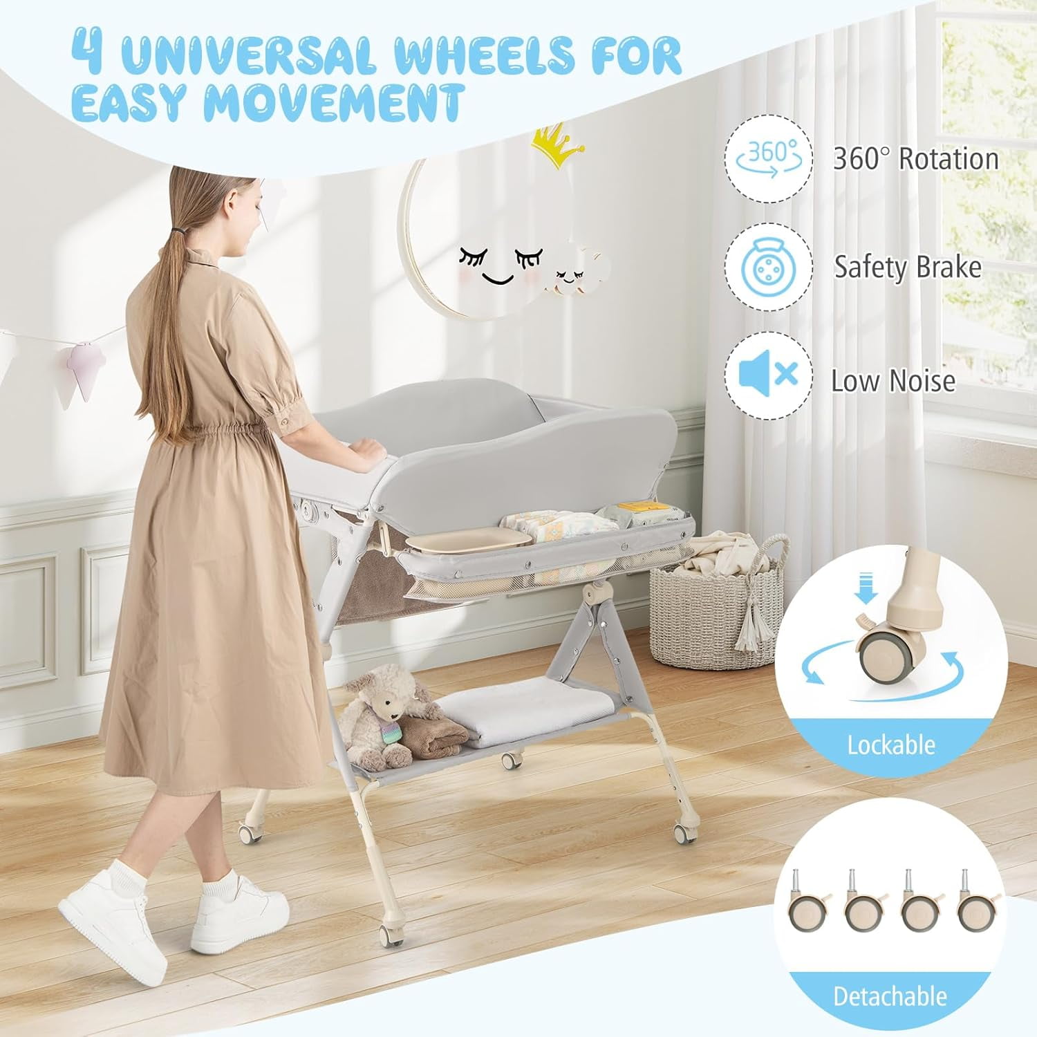 CHTER Portable Baby Changing Table, Foldable Diaper Changing Station w/Wheels, Adjustable Height, Large Storage Rack, Water Basin, Safety Belt, Mobile Nursery Organizer for Newborn Infant (Gray)