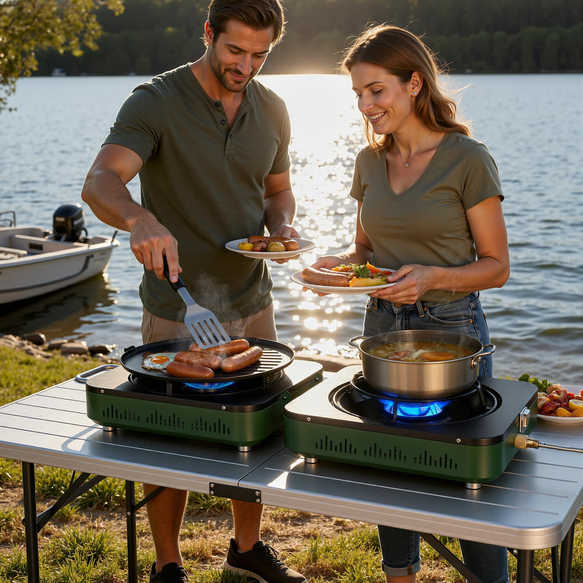 BIG HORN OUTDOORS Portable Propane Camping Stove, 2 Burner Foldable Gas Stove with Frying Pan & Carry Bag