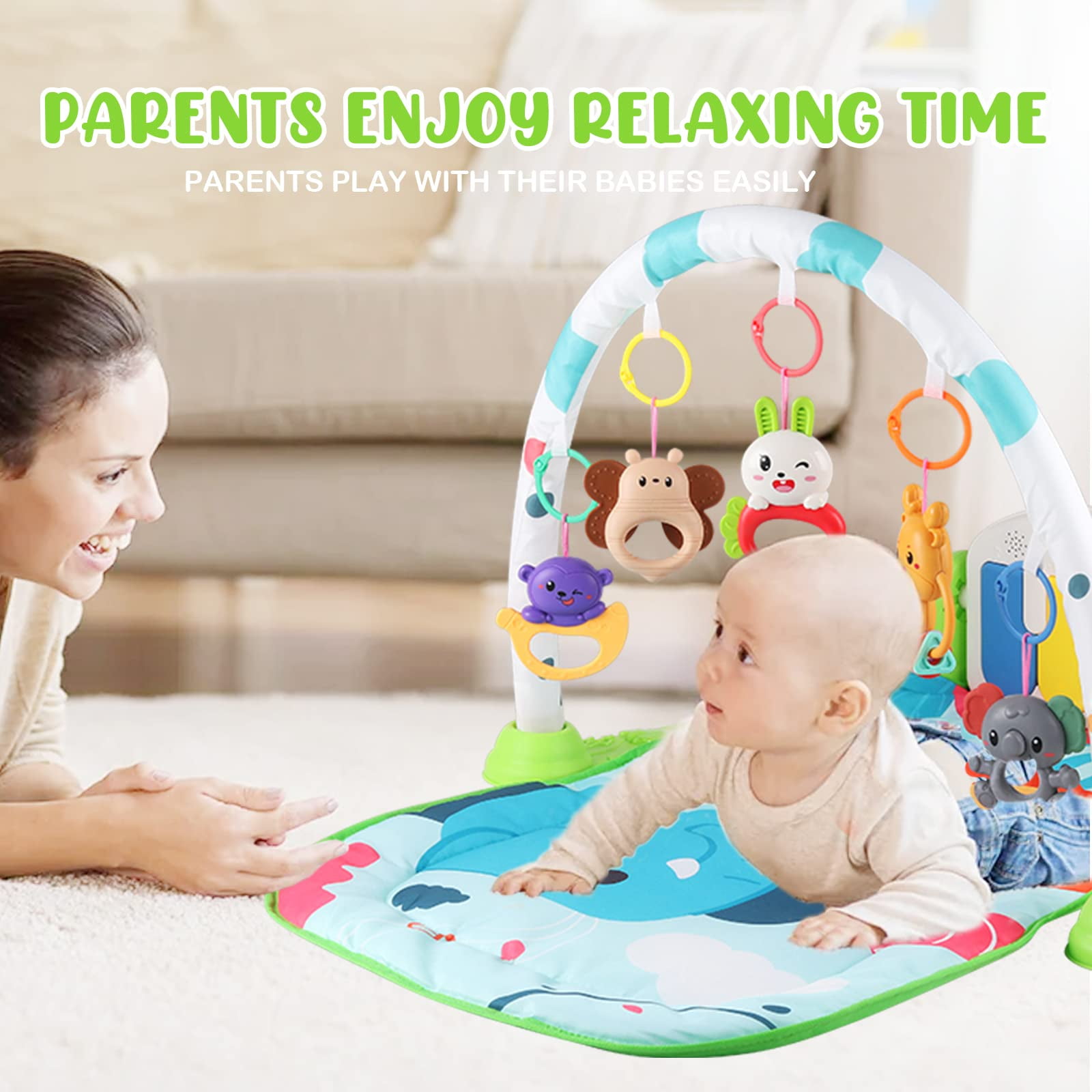 HAOUUCYIN Baby Play Mat, 3 in 1 Baby Activity Play Mat Infant Play Gym Kids Musical Play Crawling Mat, Green