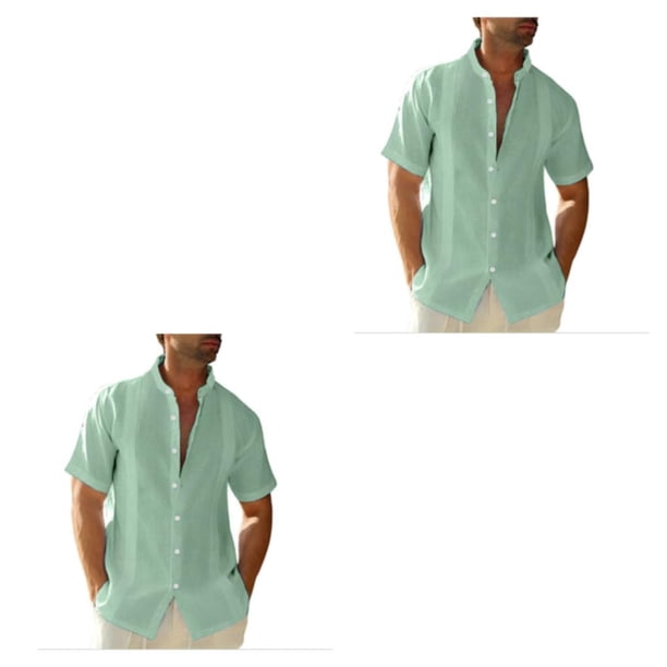 Minnieouse Camisa de poliéster para hombre, camisa de manga corta con cuello levantado de repuesto, Color sólido, camisas de moda para citas en Verde L 2piezas