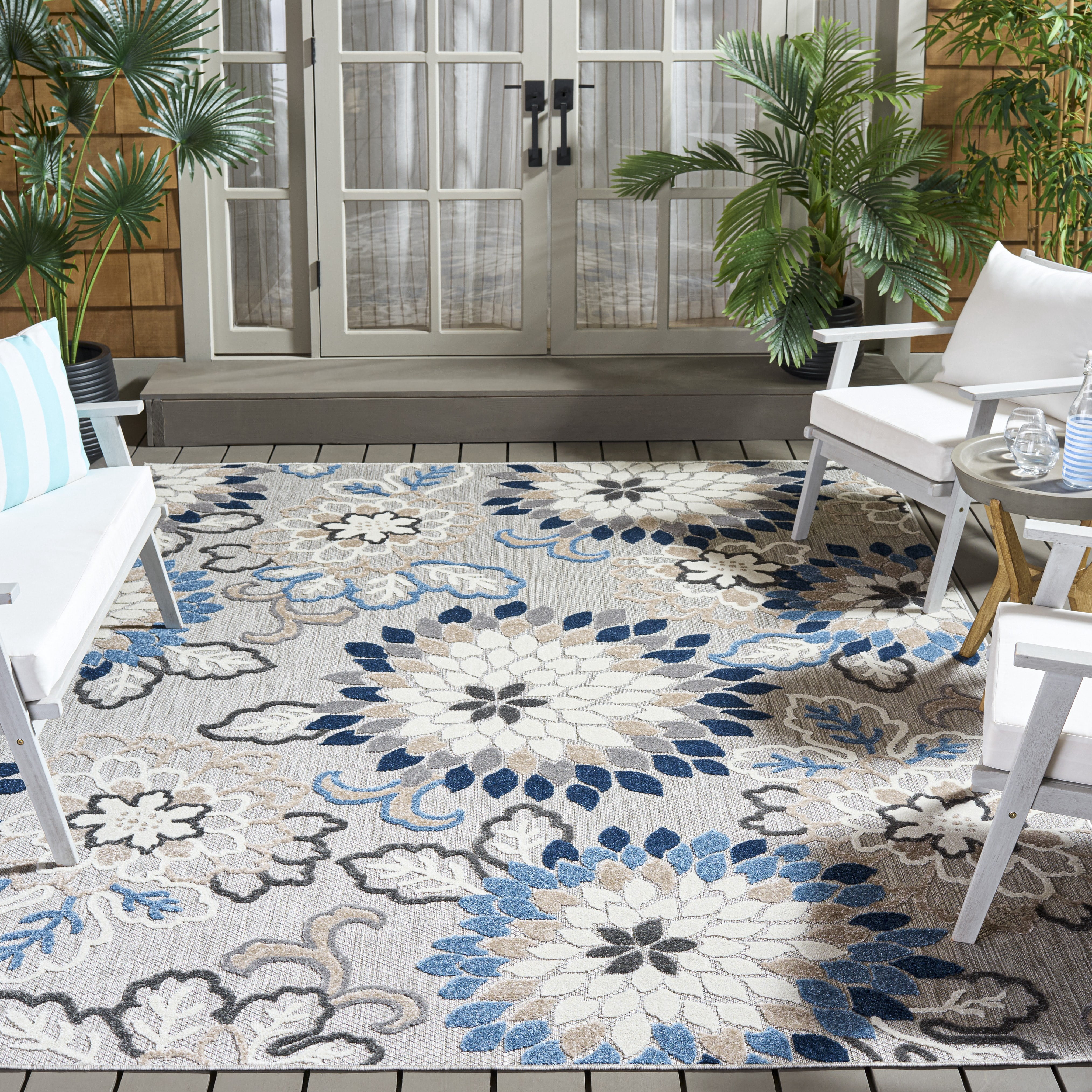 SAFAVIEH Cabana Michelle Floral Indoor/Outdoor Area Rug, Grey/Blue, 6'7" x 9'