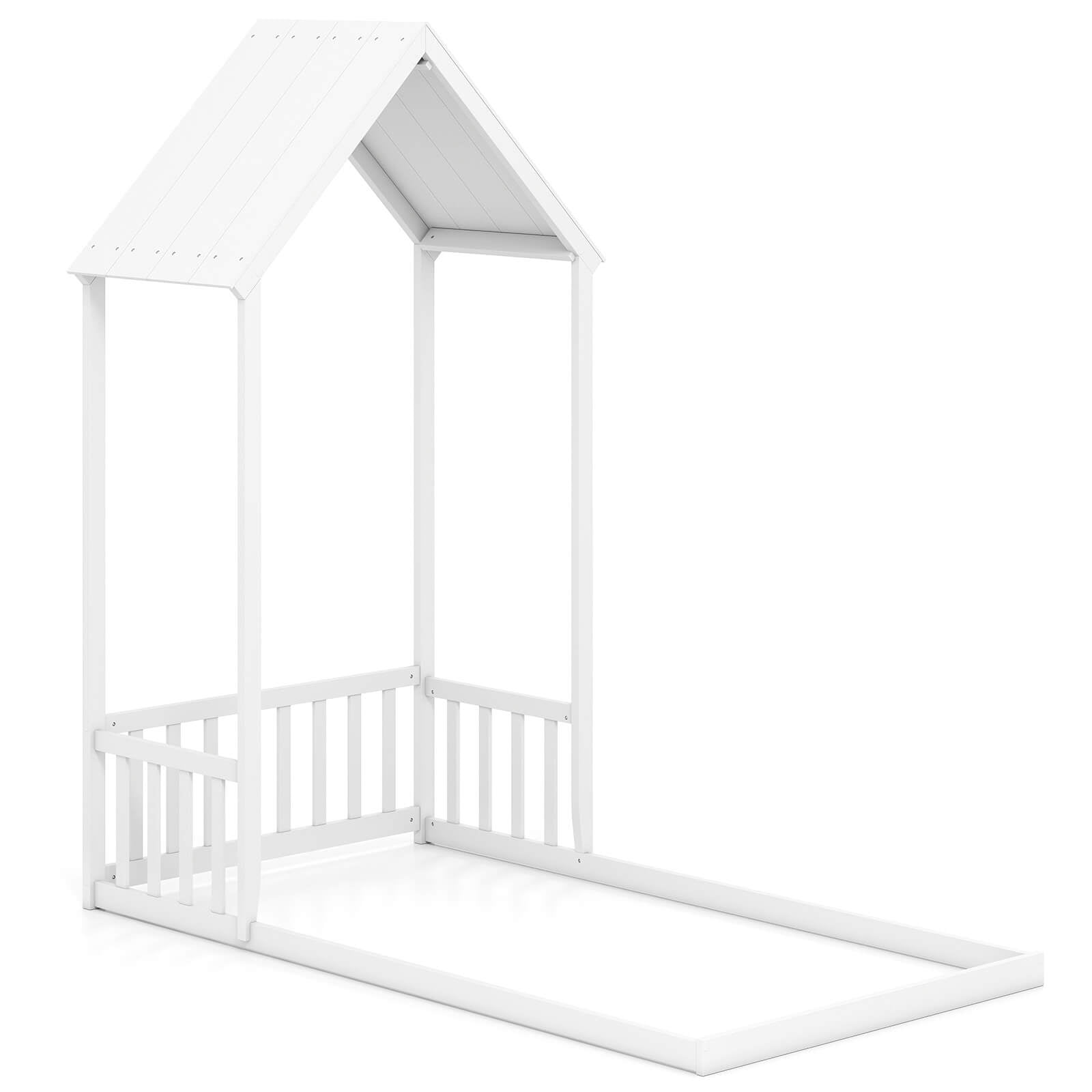 Costway Twin Size House Bed Montessori Floor Bed with House Shape Roof & Semi-Fence White