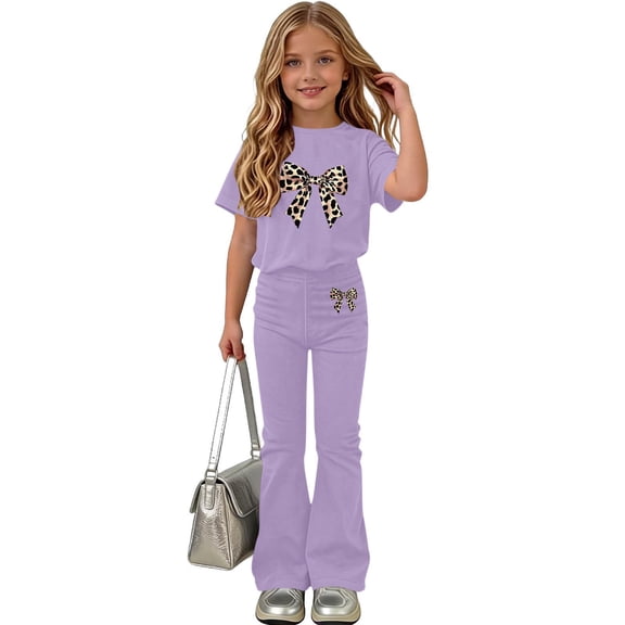 Amidoa Girls Summer 2 Piece Outfits Kids Print Short Sleeve and Pants Casual Clothing Sets Purple Size 9