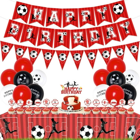 Funmemoir Soccer Birthday PriNst Party Decorations Red and White Happy Birthday Banner Triangle Flag Banner Cupcake Cake Toppers Tablecloth for Boys Soccer Fans Theme Party Decorations