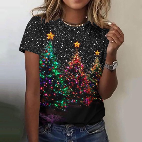 Hueook Christmas Oversized Tshirts for Women Christmas Printed Short Sleeved Round Neck Top Multicolor 5X