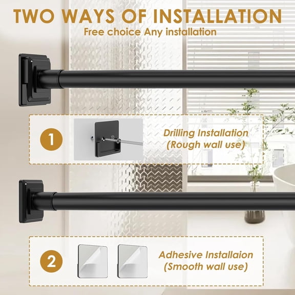 JUNCHI-Black Shower Curtain Rod,Spring Tension Curtain Rod 30-40”,No Drill or Screw Installation Shower Rod for Bathroom, Closet, Kitchen with Brackets
