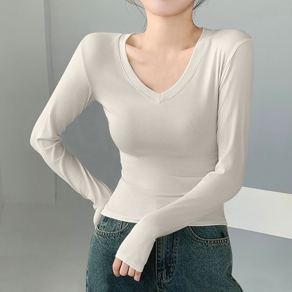 PNTUTB Women's Long Sleeve V-neck Pullover Solid Color Comfortable Shirt Soft Basic Tees Blouses