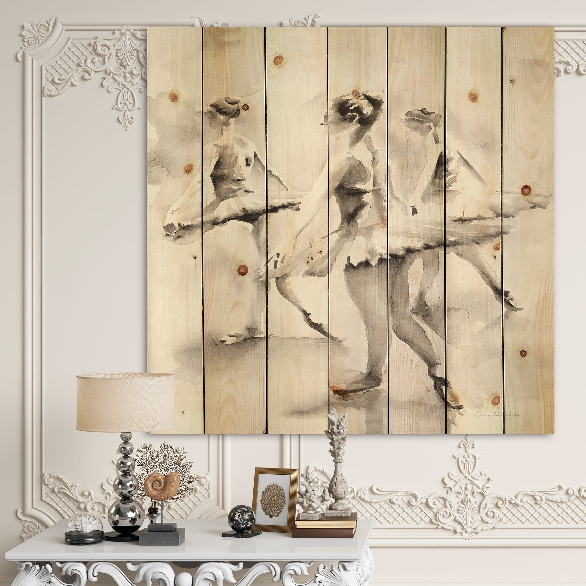 Designart 'Monochrome Watercolors Ballerinas Dance I' French Country Print on Natural Pine Wood