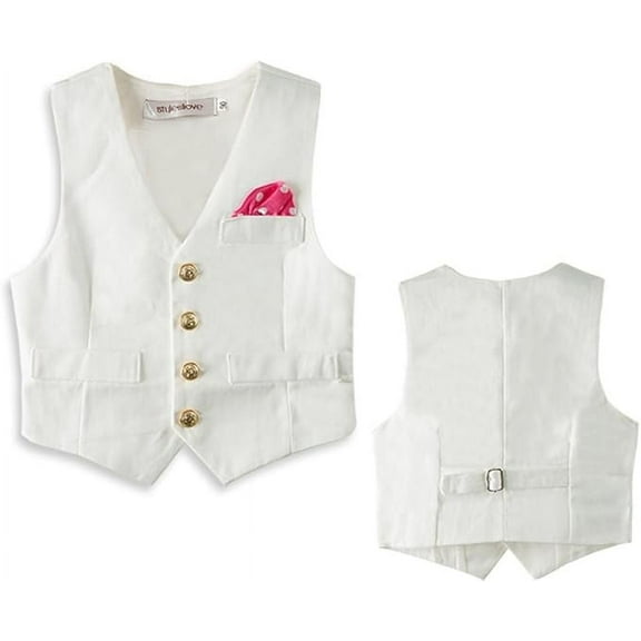 stylesilove Toddler Boys Gold Buttons Tuxedo Suit Vest with Faux Pocket Square for Casual and Formal Event (110/3-4 Years, White)