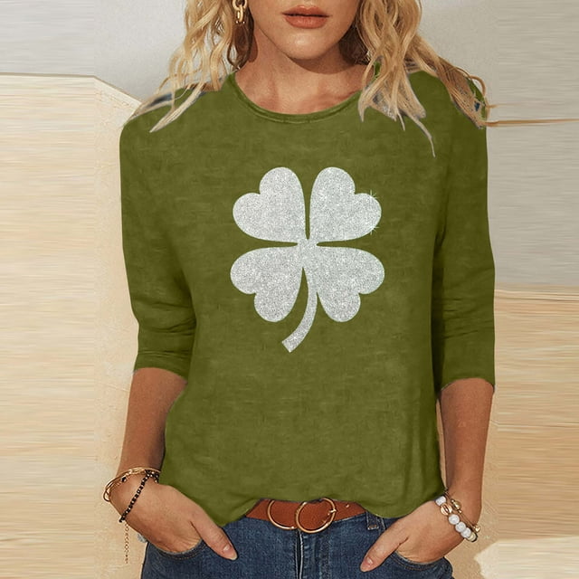 TaTaai Women Crew Neck 3/4 Sleeve St. Patrick's Print Black Loose Top Casual T-Shirt Ladies Spring Gathering Wear Lightweight Breathable Non-See-Through No Fading Top Gift