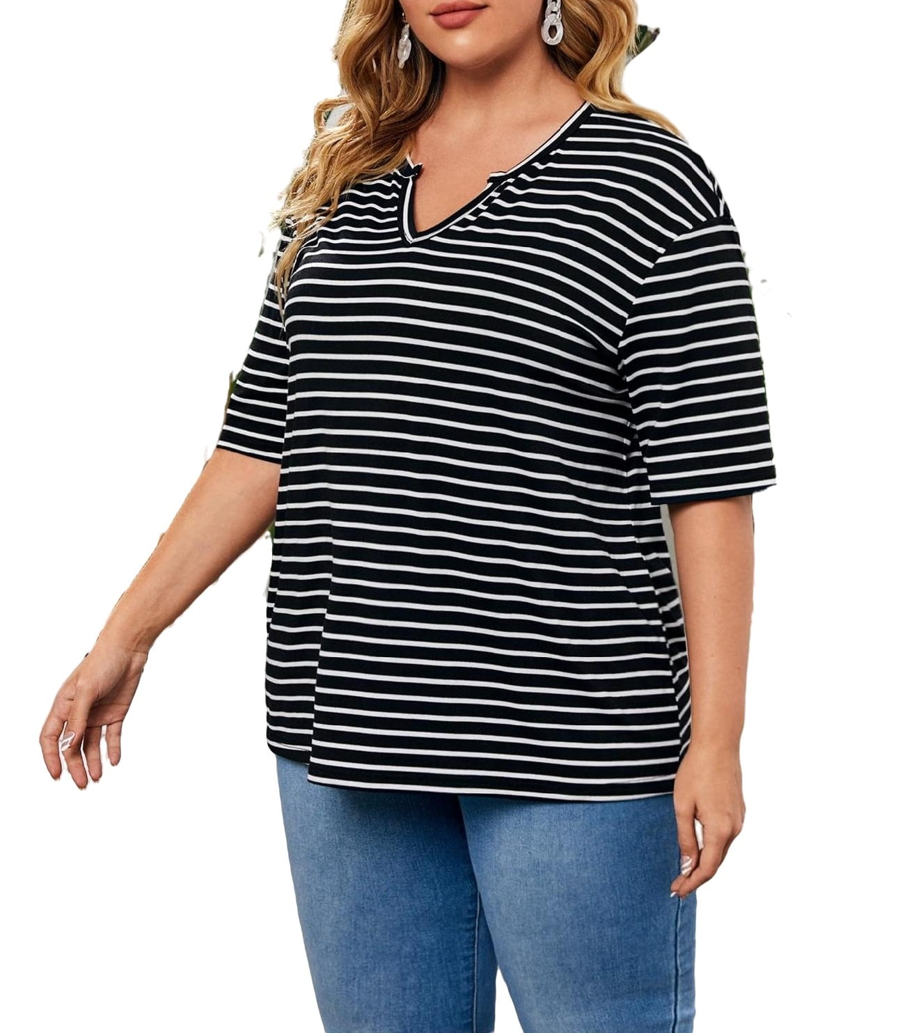 Casual Striped Notched Elbow-Length Black and White Plus Size T-shirts ...