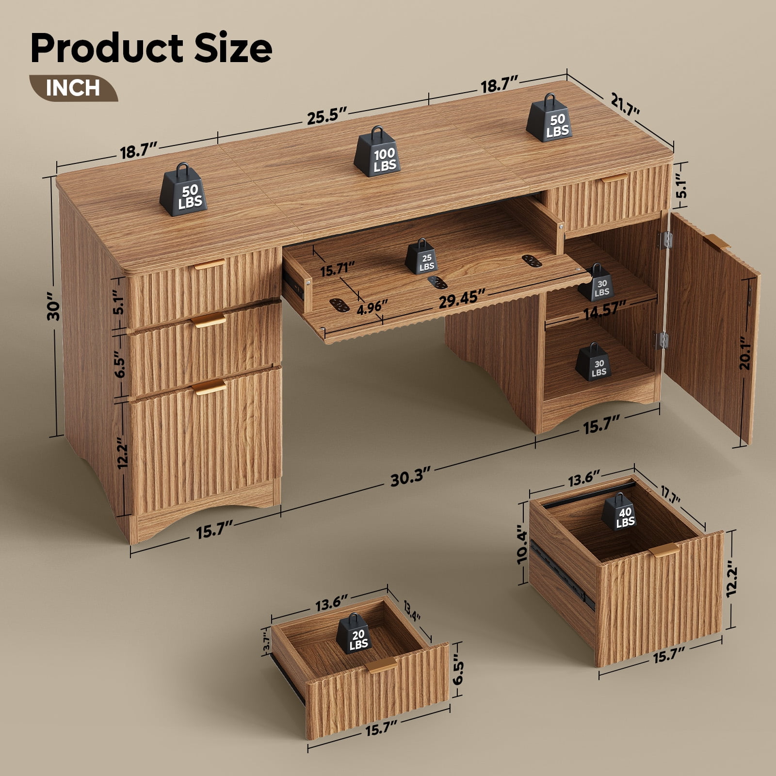 Bestier 63" Executive Desk with Keyboard Tray, Modern Home Office Desk with 4 Drawers & 1 Large Cabinet, Fluted Computer Writing Desk for Study, Living Room, Bedroom, Brown