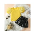 thumbnail image 3 of Baby Girls Summer Outfits 1T 2T 3T 4T 5T 6T  Puff Sleeve Patchwork Rib T-shirt Tops and Casual PU Leather Shorts Kids 2pcs Sets, 3 of 8