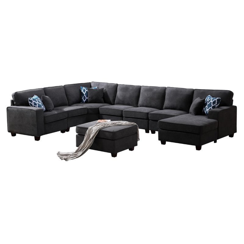 Maklaine Fabric 8PC Sectional Sofa Right Facing Chaise in Dark Gray
