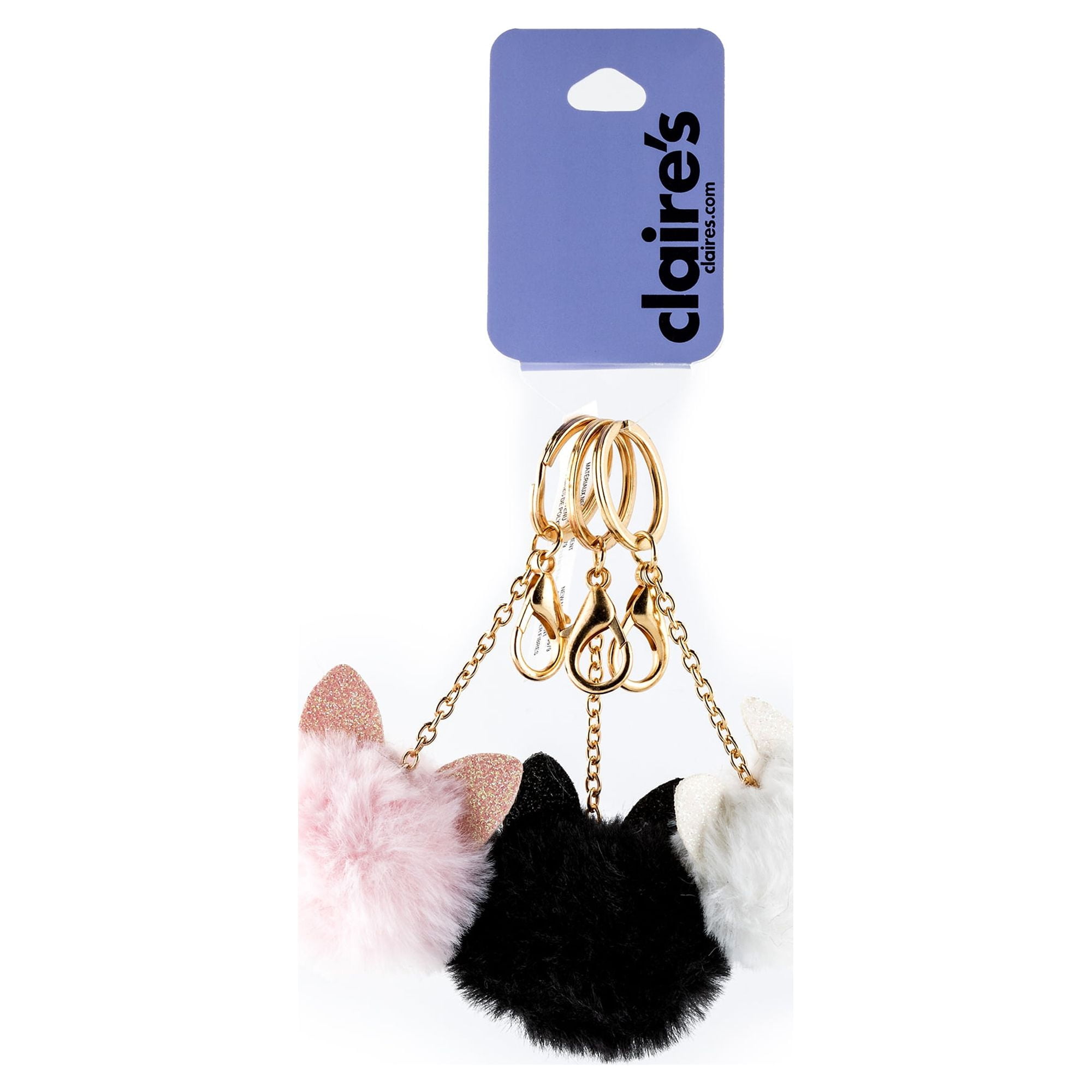 Claire's Teen Girls' Gold Pom Pom Cat Best Friend Keychains, Metal Keyring Set, 3 Pack, 93783
