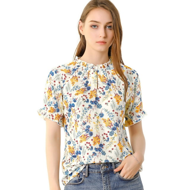 Blusa Mujer Allegra K Volantes Manga Corta Floral Cuello Simulado Blanco Azul XL