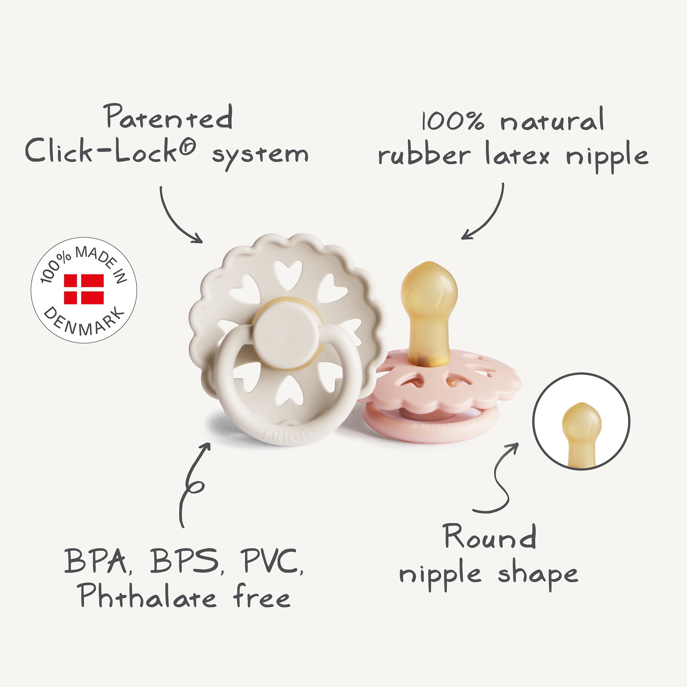 FRIGG Andersen Fairytale Natural Rubber Pacifier 2-Pack, 6-18 Months, Cream/Blush