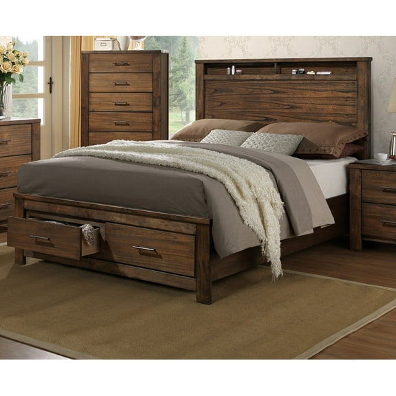 Natural Wood Finish Eastern King Size Bed Contemporary Oak Veneer Storage Drawers FB Shelf HB Bedframe Bedroom Furniture