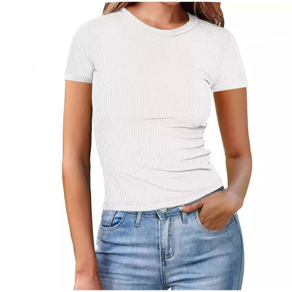 fatyb Women's Basic T Shirts Ribbed High Neck Slim Tee Shirts Short Sleeve Casual Solid Color Tshirts