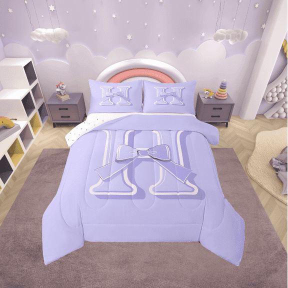 Erosebridal Initial H Letter Comforter Sets Twin Size, Princess Bow Comforters & Duvets, Purple Monogrammed Reversible Duvet Insert, Microfiber Room Decor, 2 Pieces