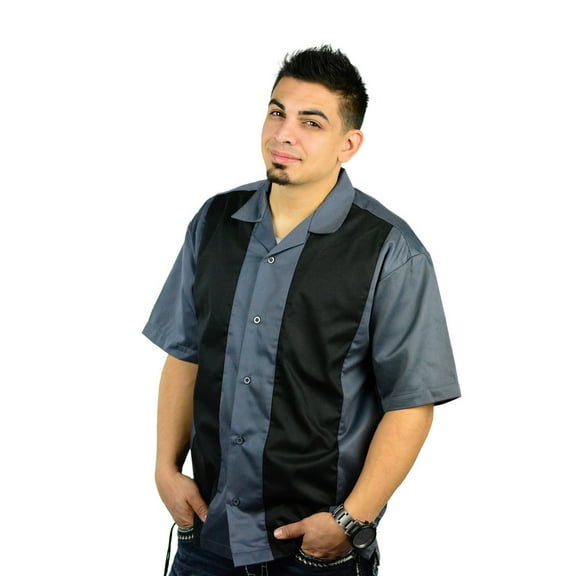 Men's Short Sleeve Retro Bowling Camp Shirt By Mato & Hash - Black/Steel Grey CA5000 XL