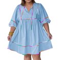 thumbnail image 4 of 3/4 Sleeve Women High Waist Patchwork Loose Mini Babydoll Dress, 4 of 7