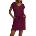 thumbnail image 3 of UoCefik White Dress Women Graduation Summer Trendy V Neck Short Sleeve Tshirt Sundress Elegant Tie Front Mini Dress Beach Drawstring Casual A-Line Dresses with Pockets Wine M, 3 of 5
